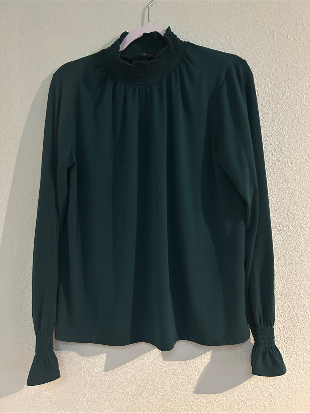 Banana Republic Dark Green Smocked Mock-Neck Blouse